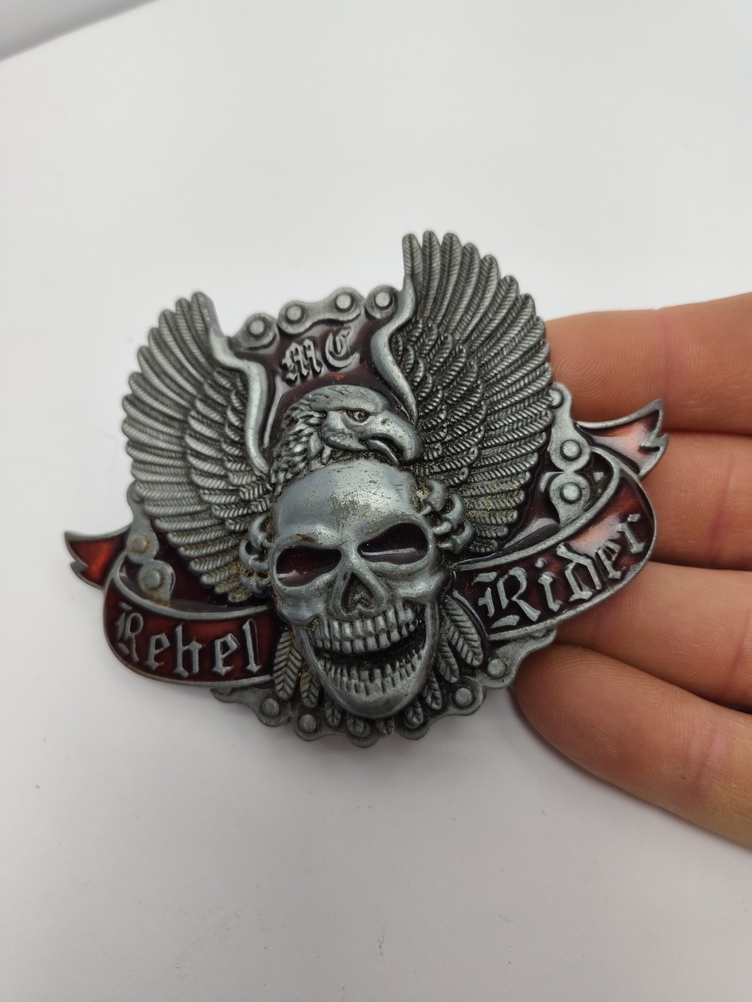 Rebel Rider Belt Buckle Outlaw Biker Motorcycle MC Rocker Skull & Eagle