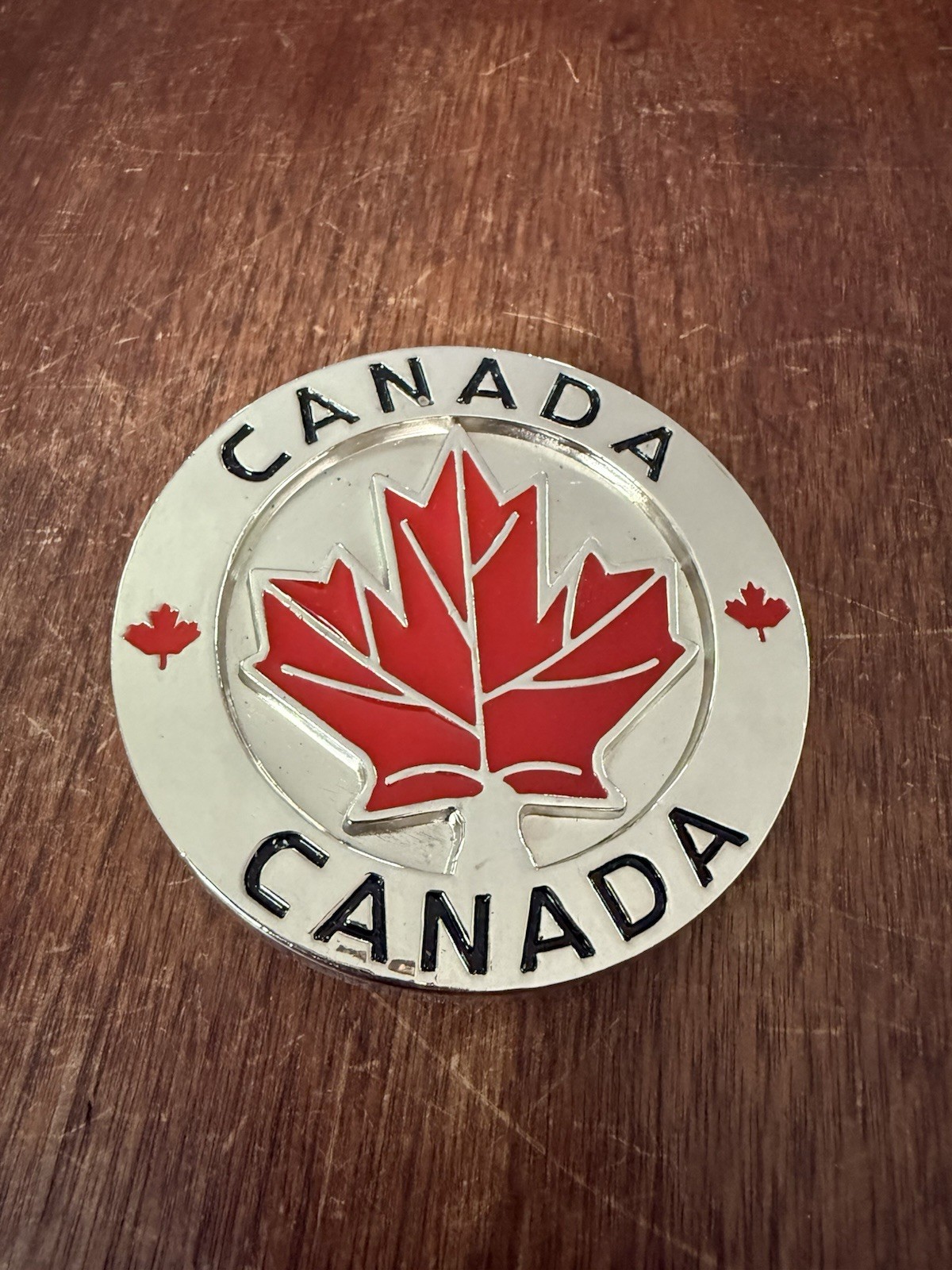 Vintage Canadian Flag Round Belt Buckle Maple Leaf Chrome Red Black Canada Day