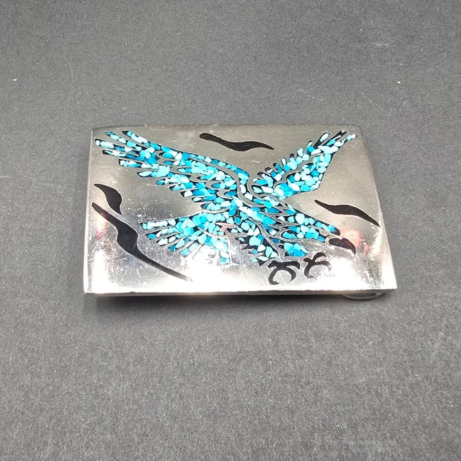 Vintage Mexico Silver Tone Turquoise Inlay Flying Eagle Rectangle Belt Buckle