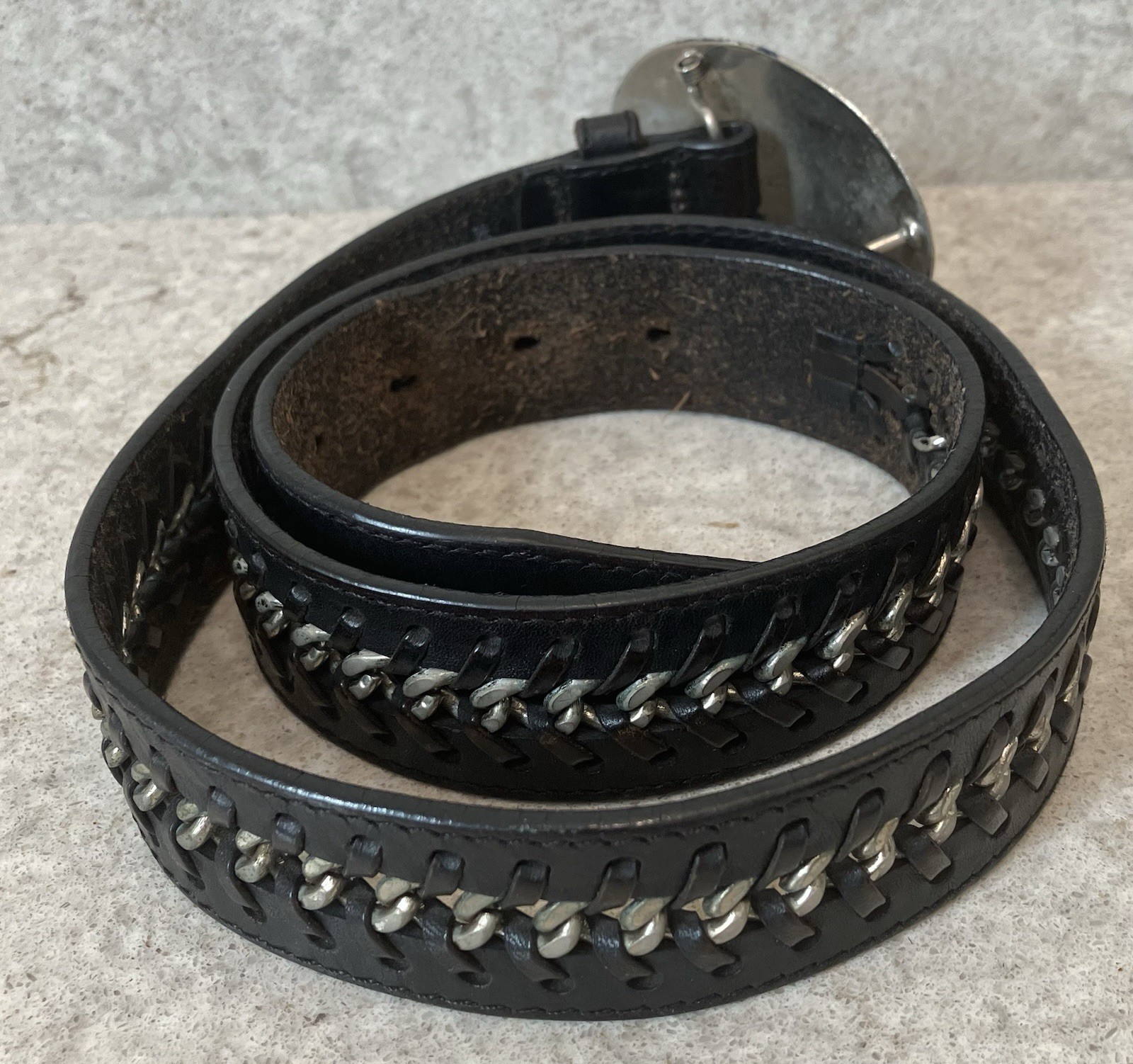 Vintage Metal Belt Buckle, Alpaca Silver and Abalone W/ Harley Davidson Belt