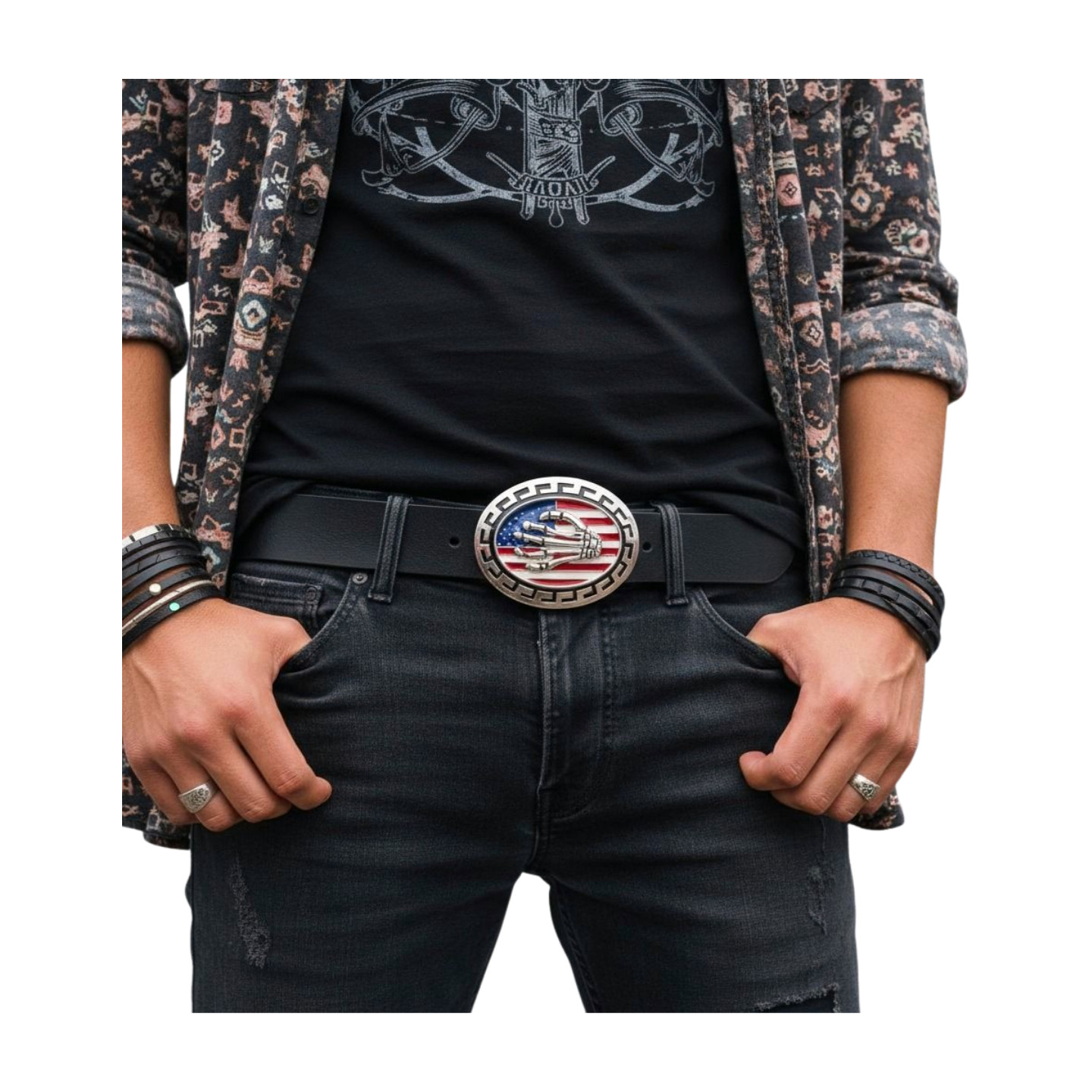 Men Women Silver Metal Belt Buckle Skull Skeleton Fingers Bones Hand USA Flag