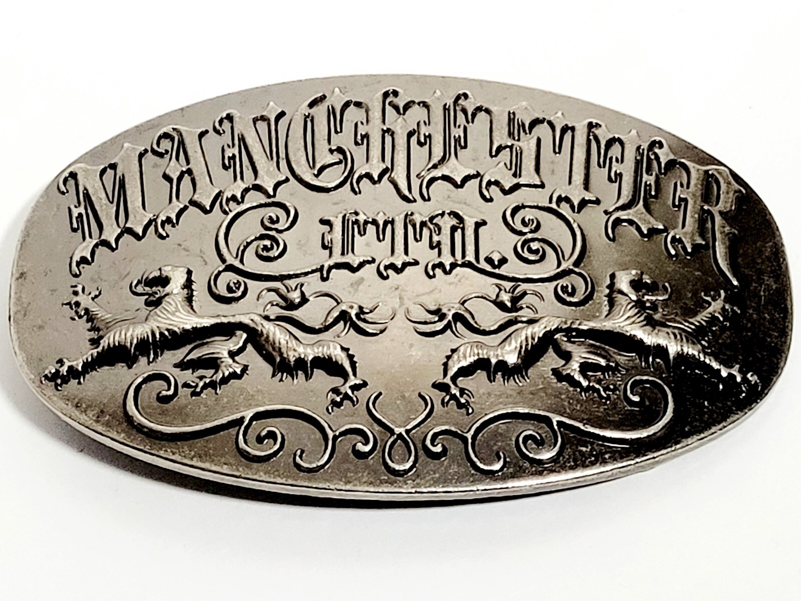 MANCHESTER LTD VTG FORGED BELT BUCKLE Lions Crest & Scroll Design 4&Prime;wide VGC!