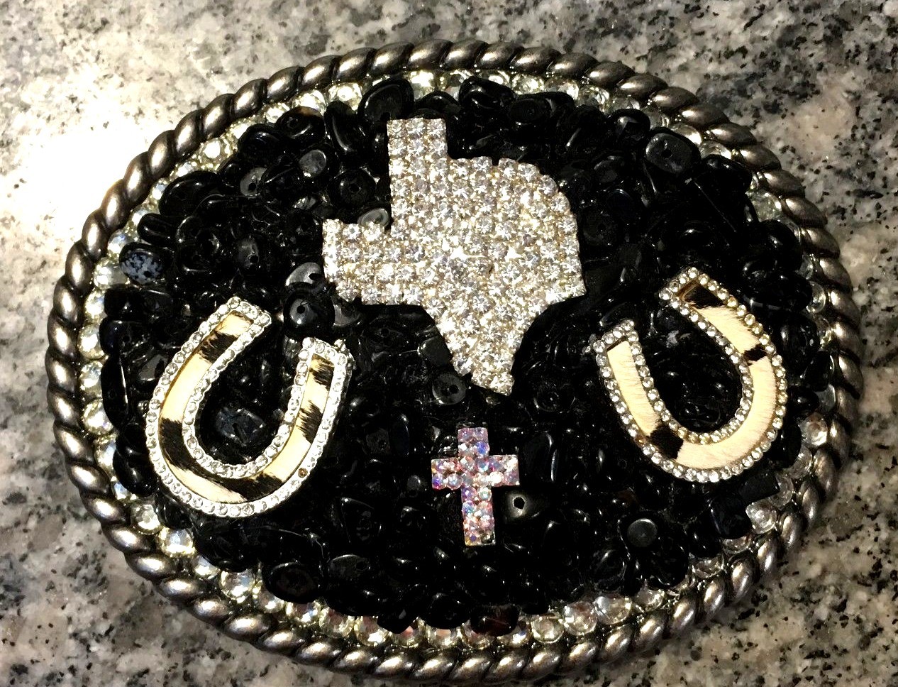Large Belt Buckle Bling TEXAS Horseshoe Cross Rhinestones and Black Stones – NEW