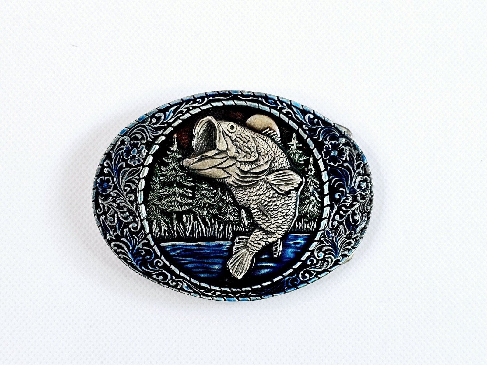 Indiana Metal Craft Belt Buckle Jumping Largemouth Bass Fish Embossed 1982 Vtg