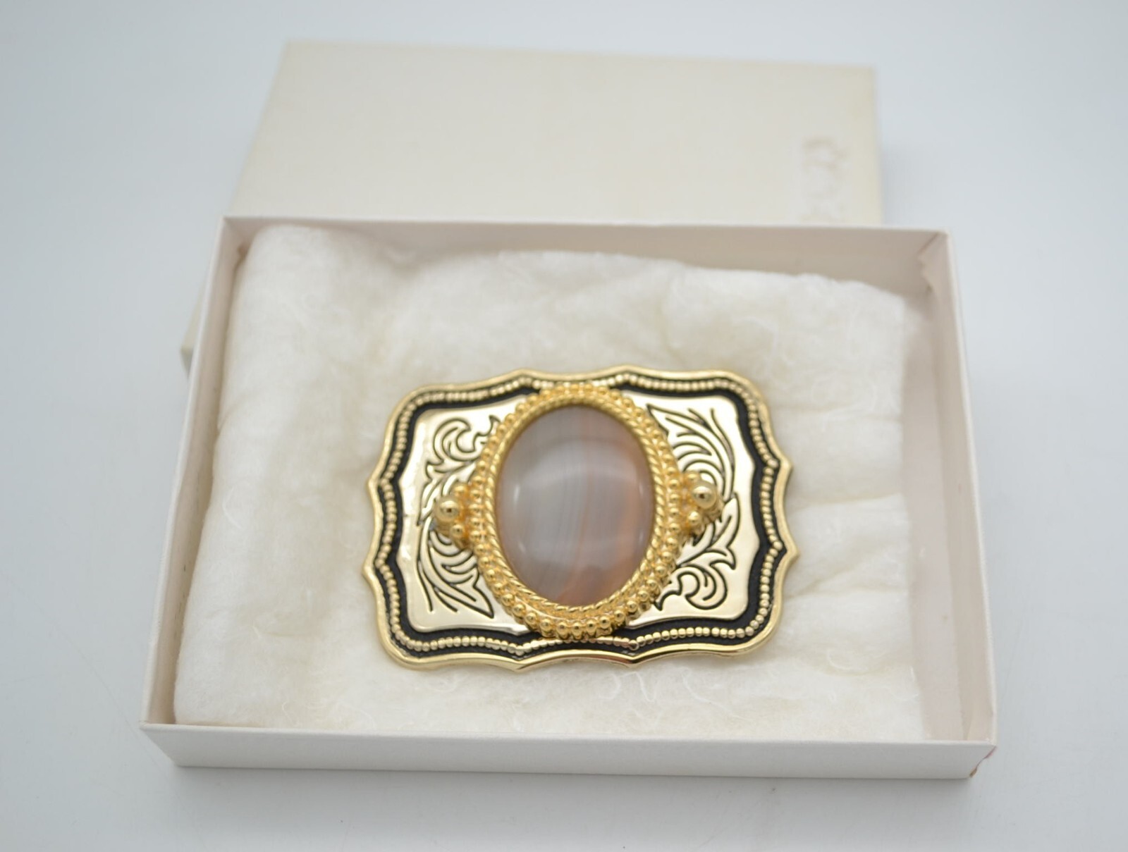 Polished Agate Gold Colored Belt Buckle with Gift Box Made in the USA
