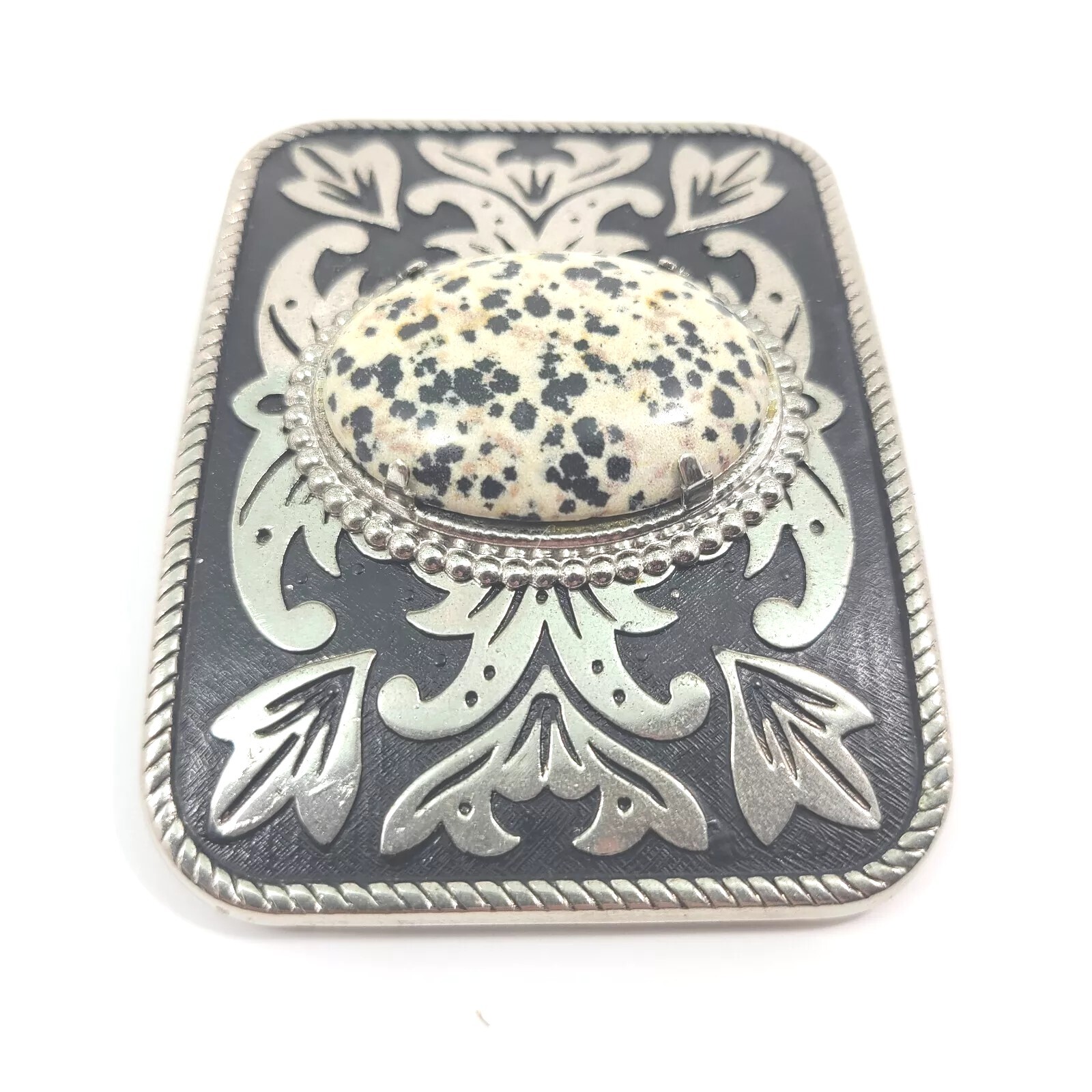 Western Belt Buckle Spotted Stone Center Dalmation Jasper Agate Metal Cowboy Vtg