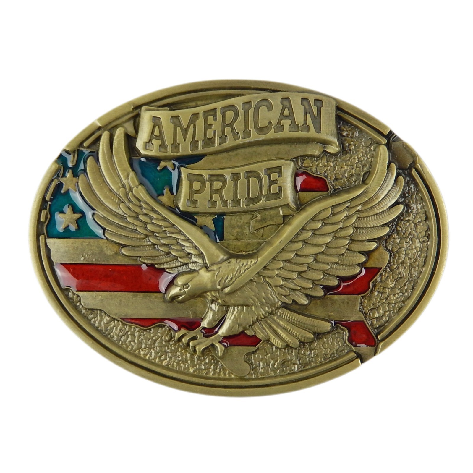 American Pride Flag Eagle Belt Buckle Enamel Color Antique Bronze Fits 1.5&Prime; Belt