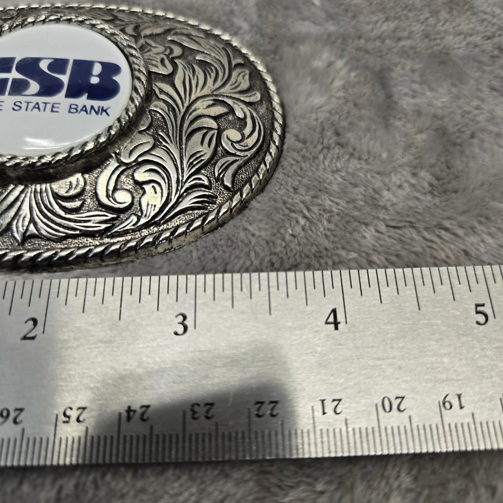 Cove State Bank CSB Belt Buckle Silver Tone Floral Western Scroll Oval Vintage
