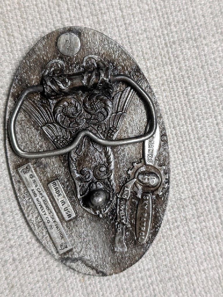 vintage USA made FISHING belt buckle 1970s brass TROUT sky patrol CAPT HAWKS