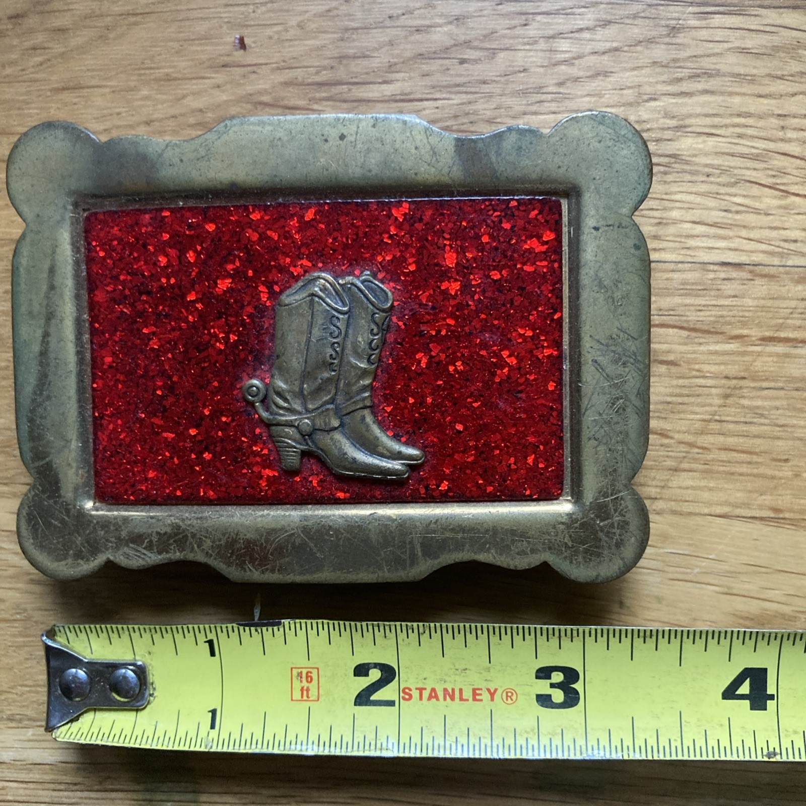 Cowboy Boot Ruby Sparkle Belt Buckle Bronze Red and Gold Ranch Life Montana Wyo
