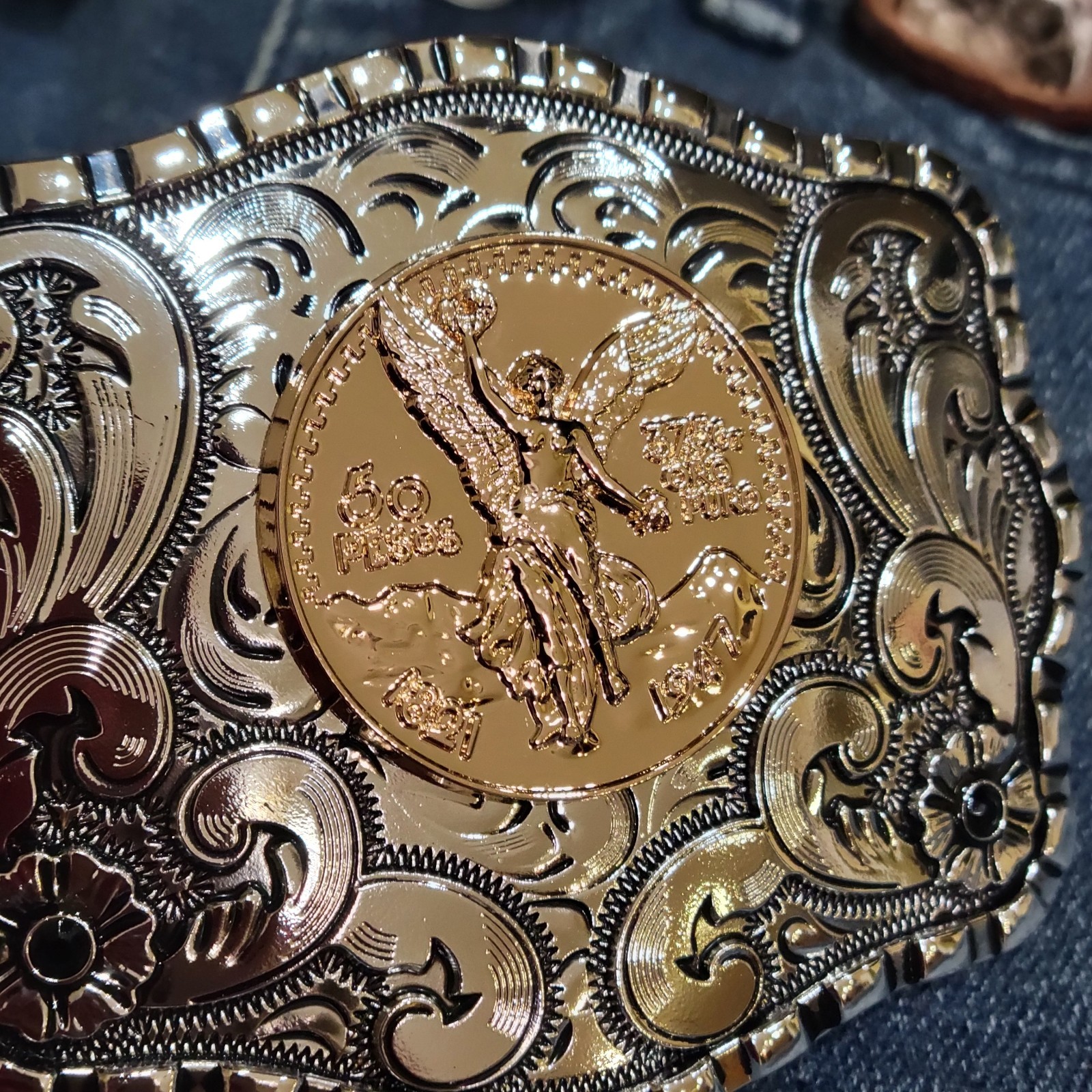 Centenario Cowboy Belt Buckle Western Silver With RoseTone Faux 50 Peso Concho