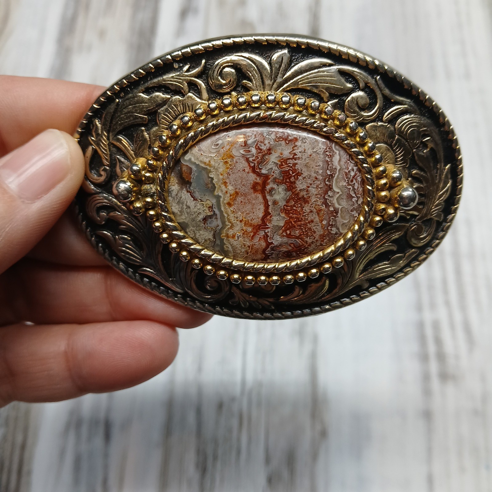 Western Floral Lace Agate Belt Buckle Two Tone Gold Silver Oval Cowboy Boho
