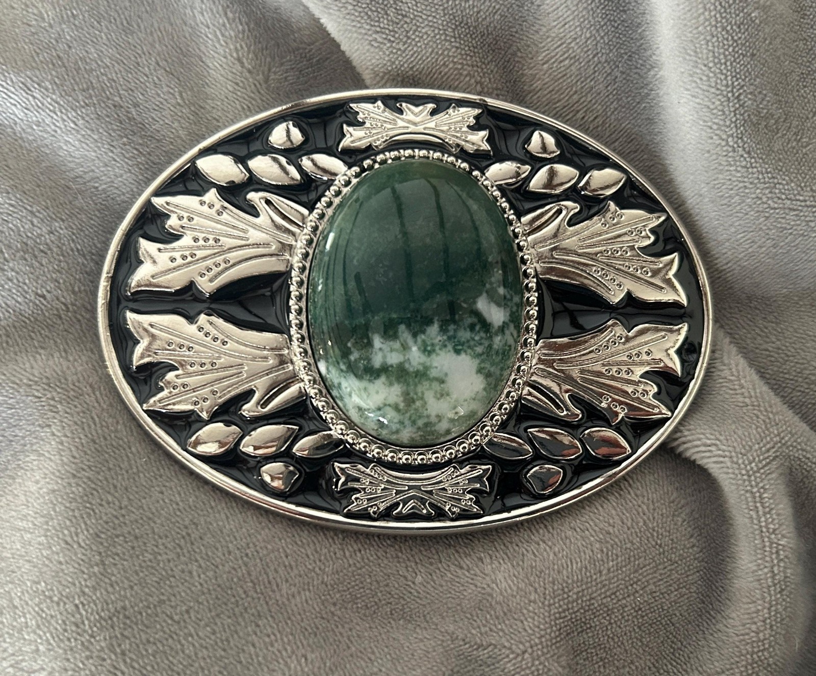 Green Stone Western Belt Buckle Silver Tone Gemstone Cowboy Snap On Belt Set