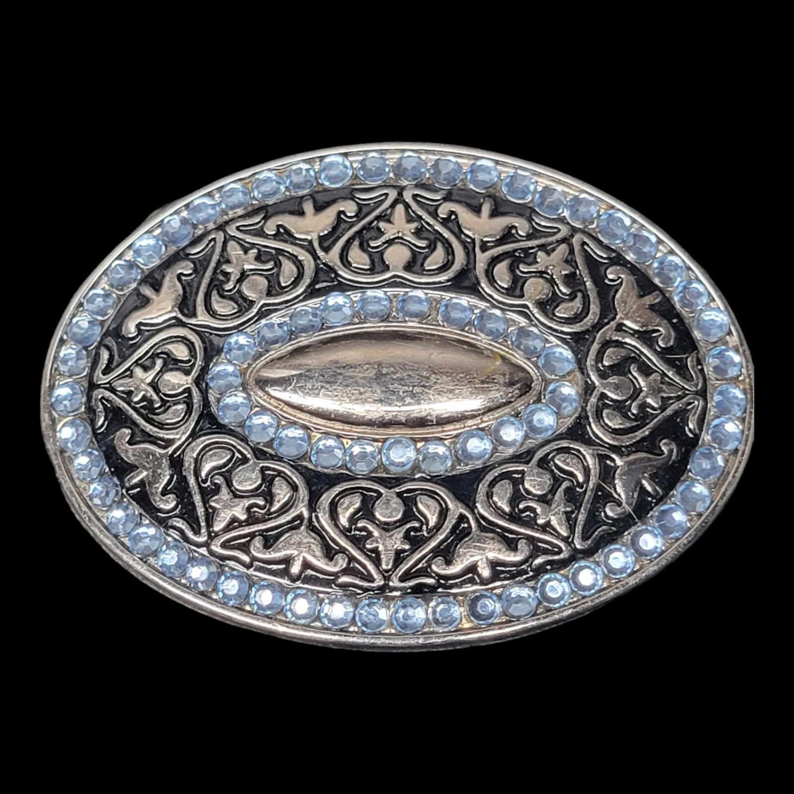 Vintage Brass Belt Buckle Rhinestone Blue Silver Western Scroll Cowboy Cowgirl