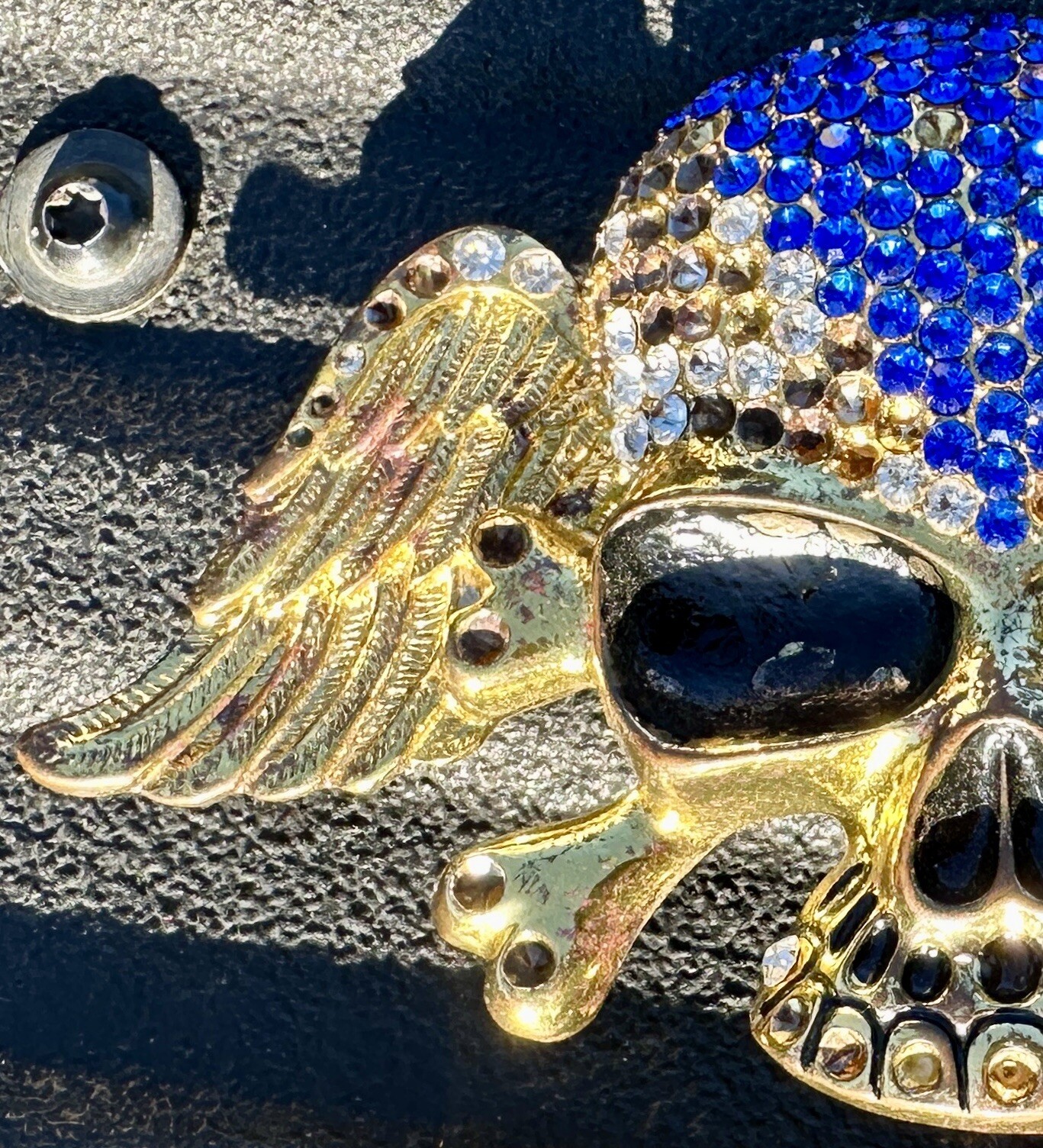 Skull covered in Clear & Blue Rhinestones Belt & Belt Buckle,Missing Some Stones