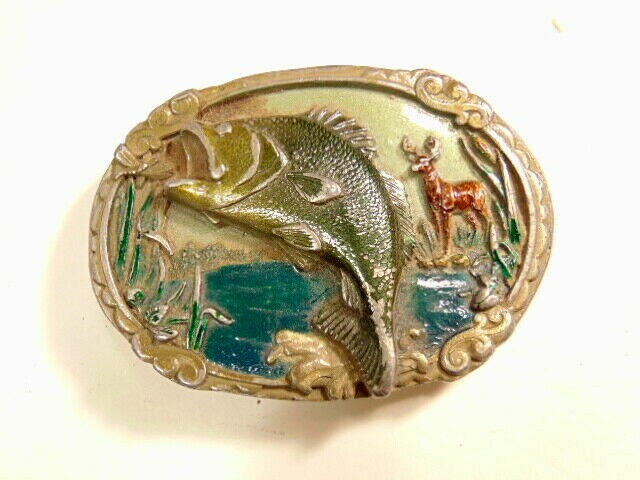 heavy older enameled buckle showing a leaping fish; CJ Inc., 1986, Made in USA