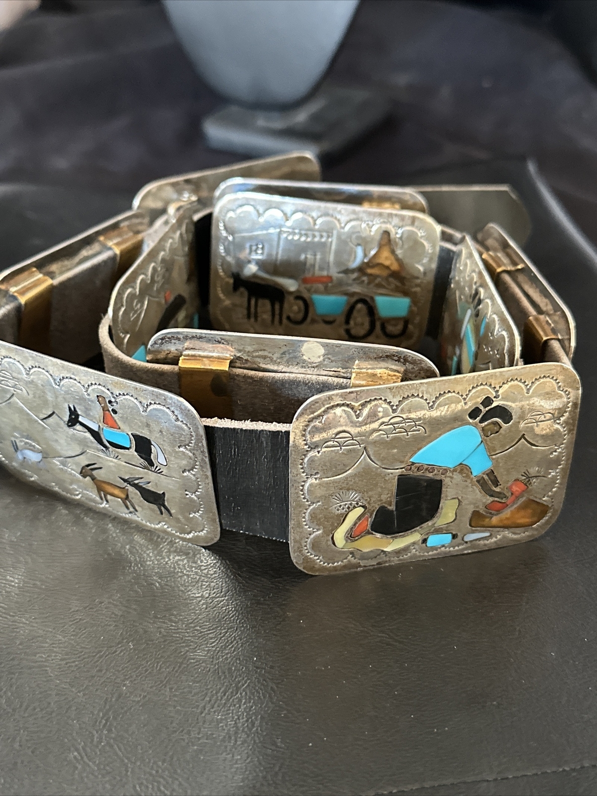 Turquoise Onyx Zuni Sterling Silver Sun Face Inlay Old Pawn Belt 40&Prime; 17406