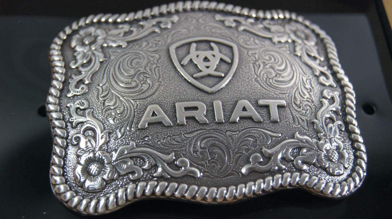 Ariat Western Belt Buckle Scalloped Logo Rectangular Silver Tone A37006