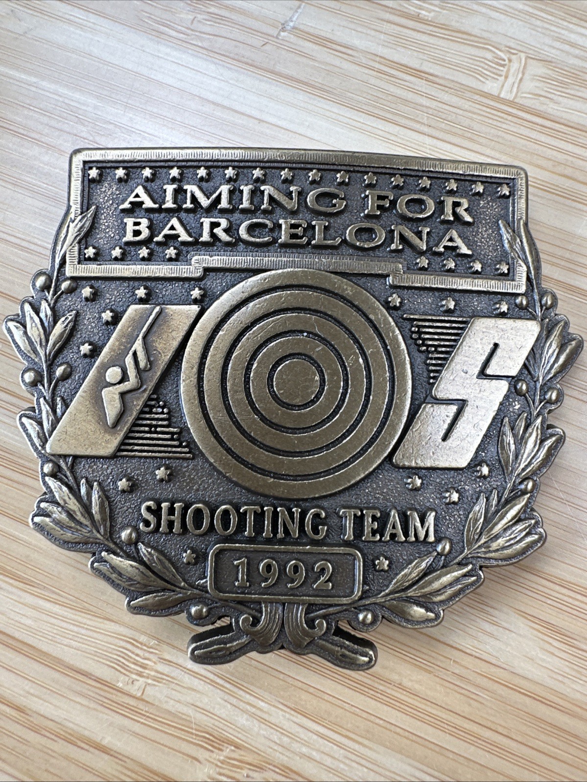 NRA / Vintage Brass Belt Buckle US Shooting Team 1992 “AIMING FOR BARCELONA”