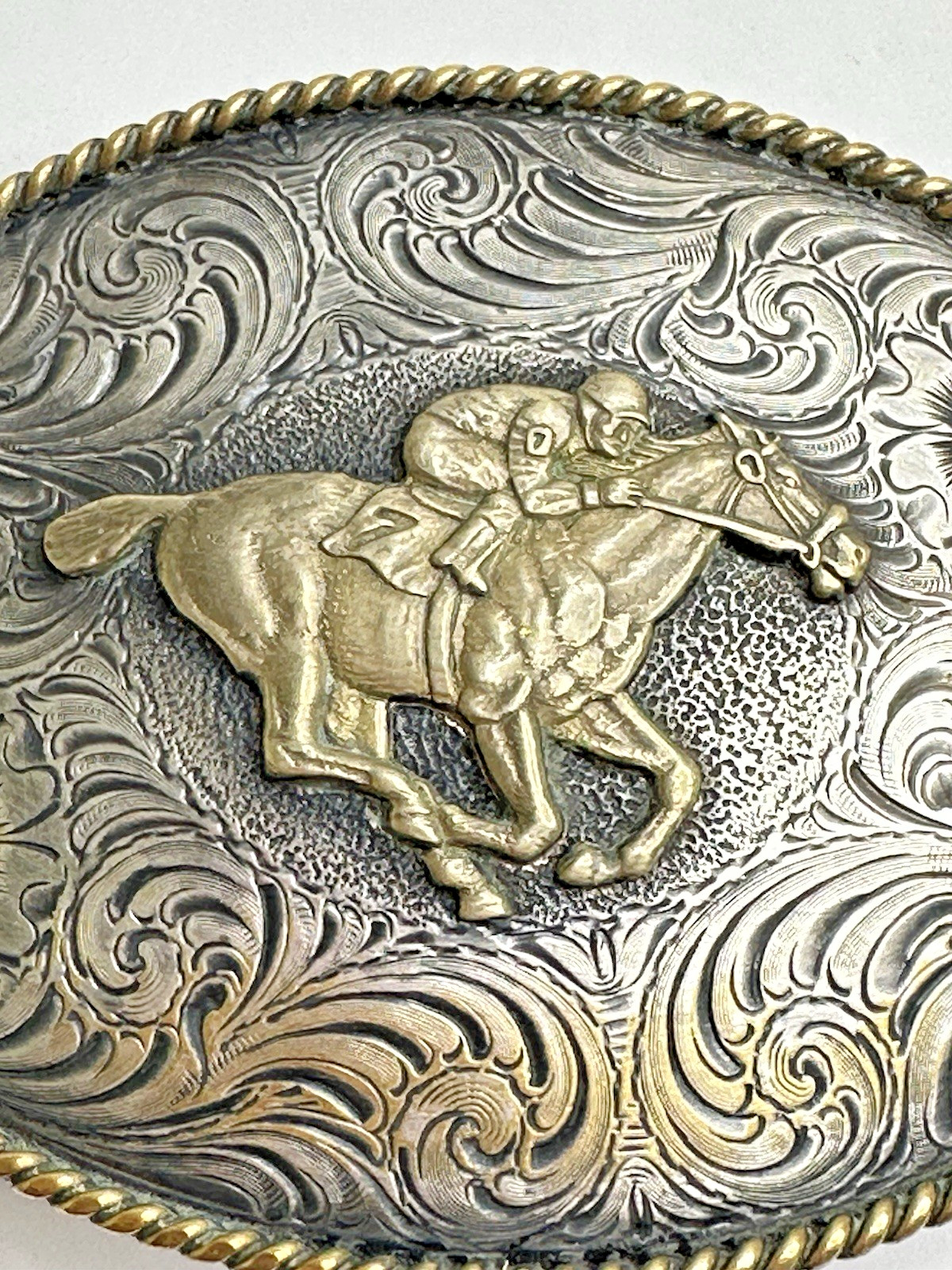 ADM Vintage Belt Buckle Jockey RaceHorse Lucky #7 Floral Brass Numbered Signed