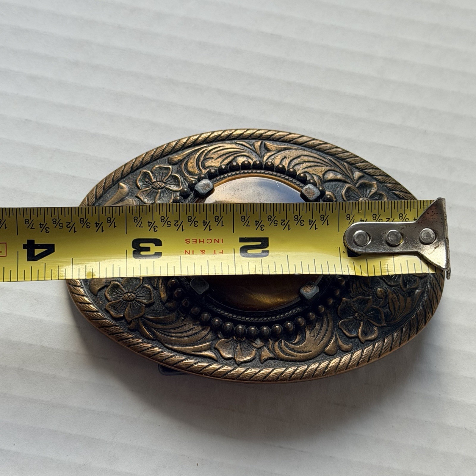Vtg Western Belt Buckle Gold Tone Brown Stone Brass Made In USA Unbranded