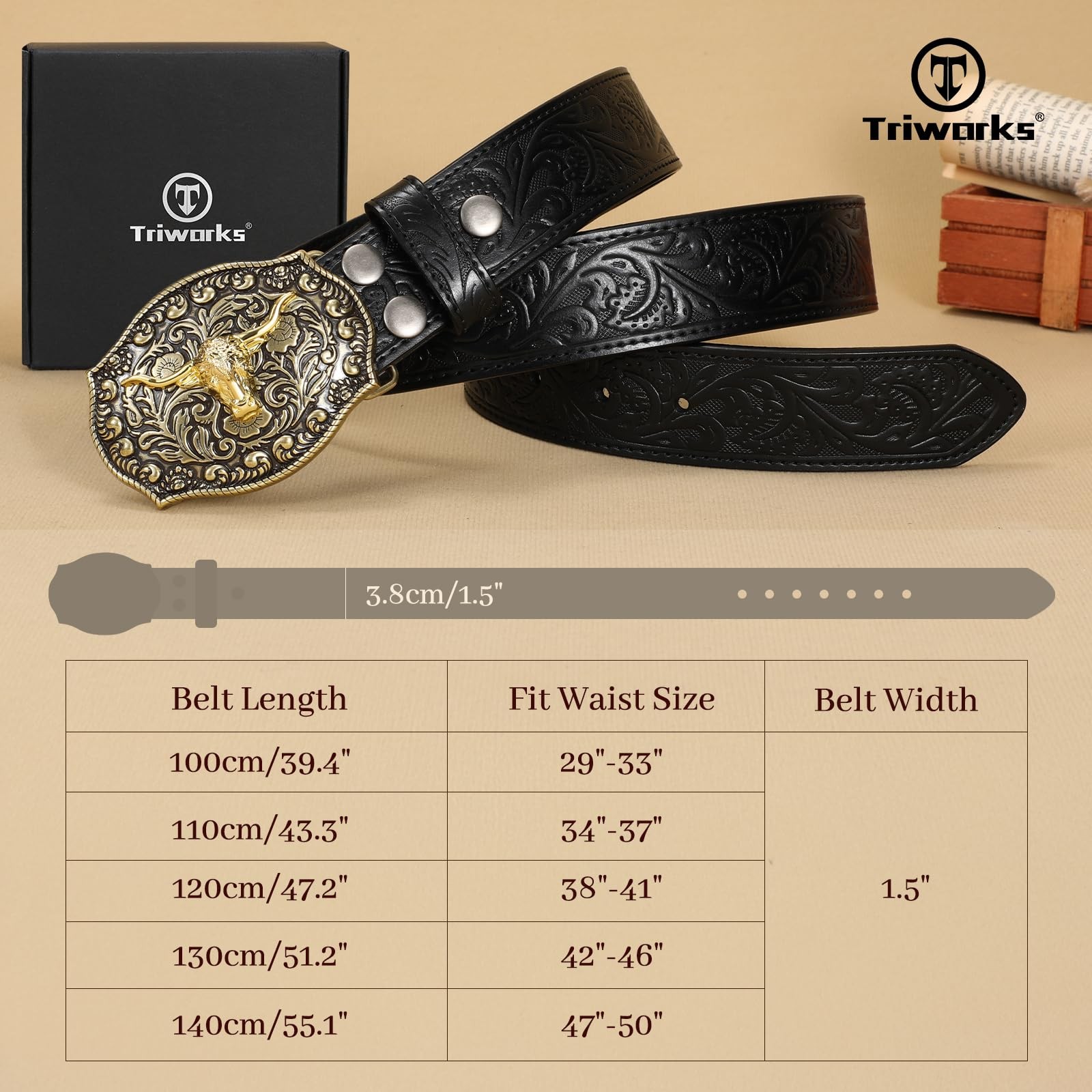 TRIWORKS Mens Western Cowboy Belt – Cowgirl Fit Size 34&Prime;-37&Prime;, Black