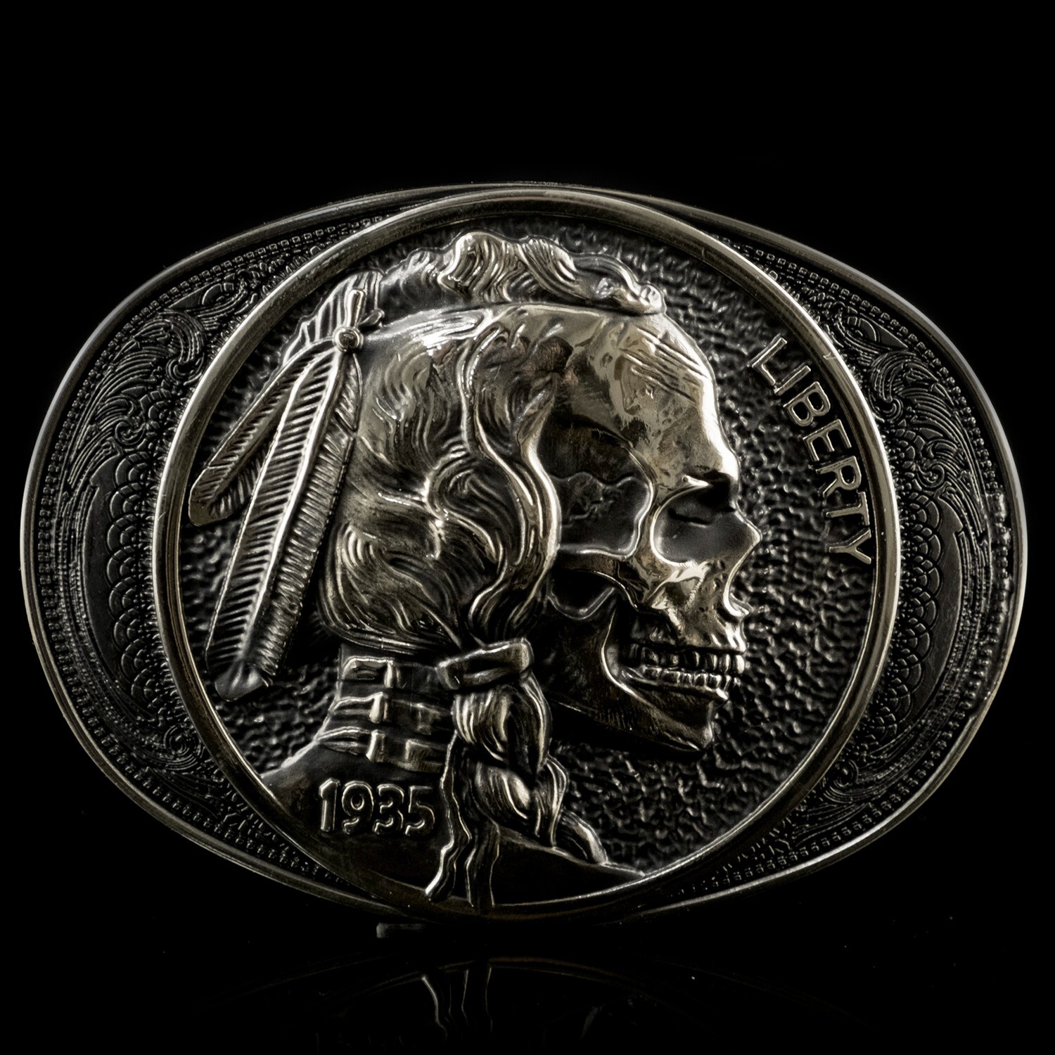 German silver buckle Indian chief skull, Liberty 1935 coin, Chief, Indian head