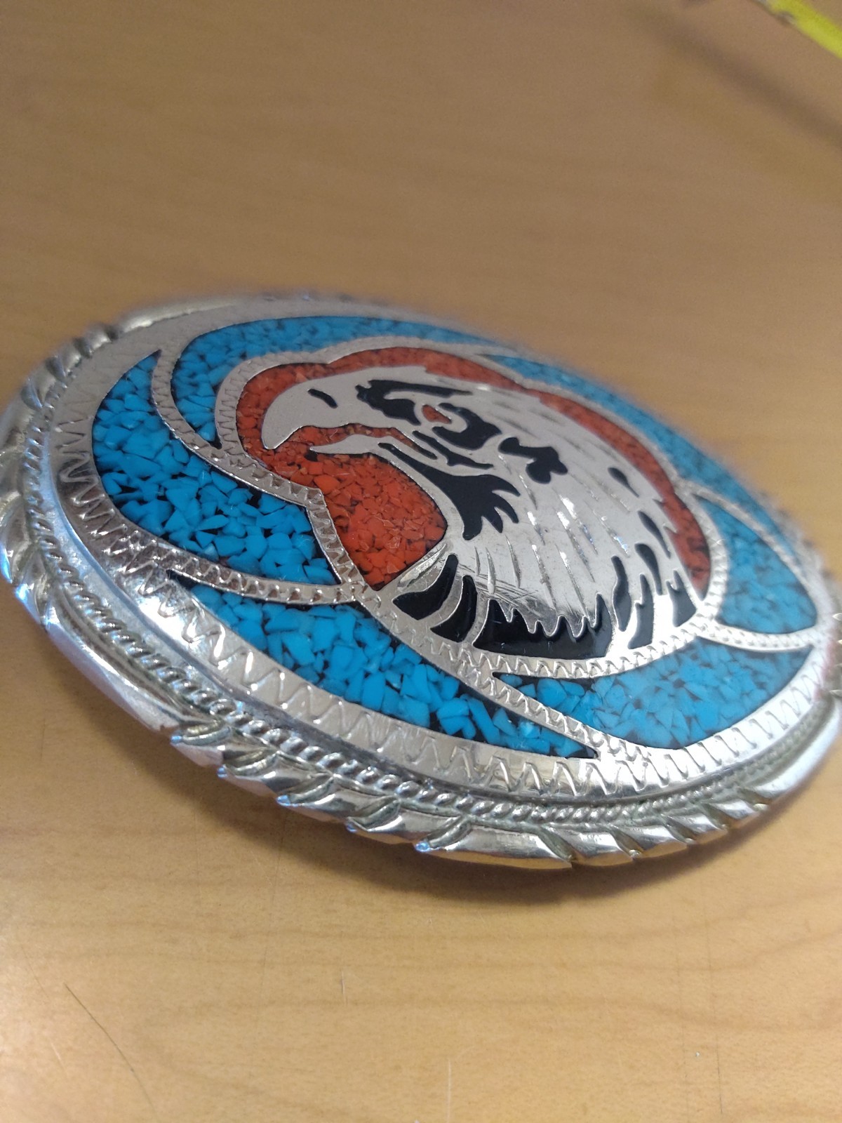 SOUTHWESTERN NATIVE AMERICAN WESTERN SS CORAL TURQUOISE EAGLE BELT BUCKLE