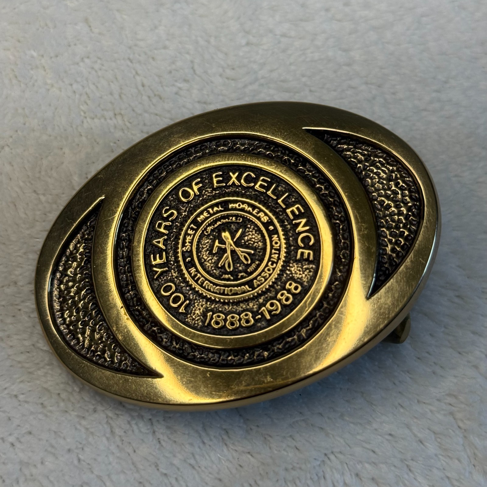 Sheet Metal Workers Union Vintage Brass Belt Buckle 100 Years Of Excellence 1988