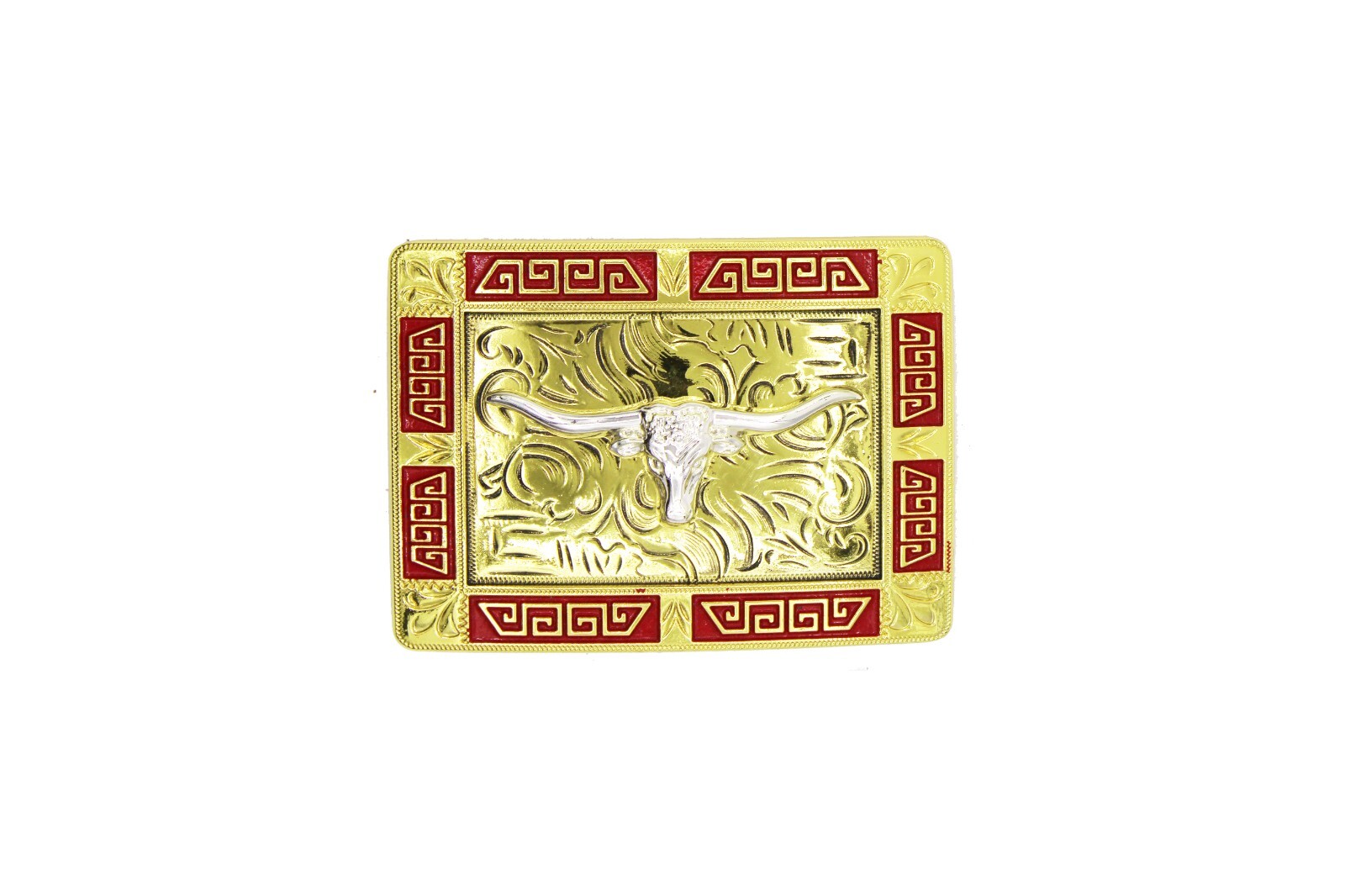 Western Buckle Gold Red Silver Longhorn Cowboy 2 »Buckle Hebilla Vaquero Toro