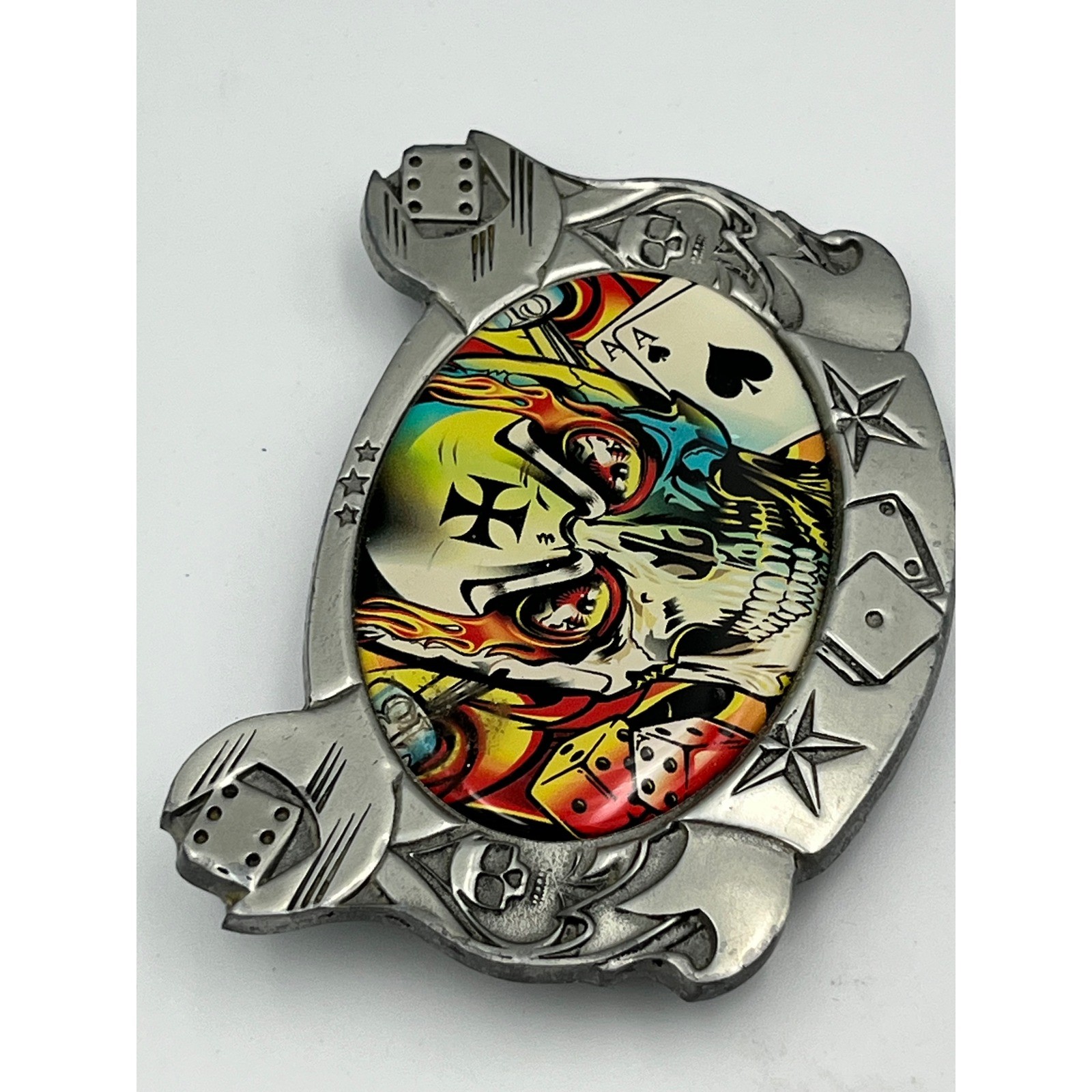 D.Vicente Skull Dice Ace Belt Buckle Colorful Tattoo Iron Cross Biker