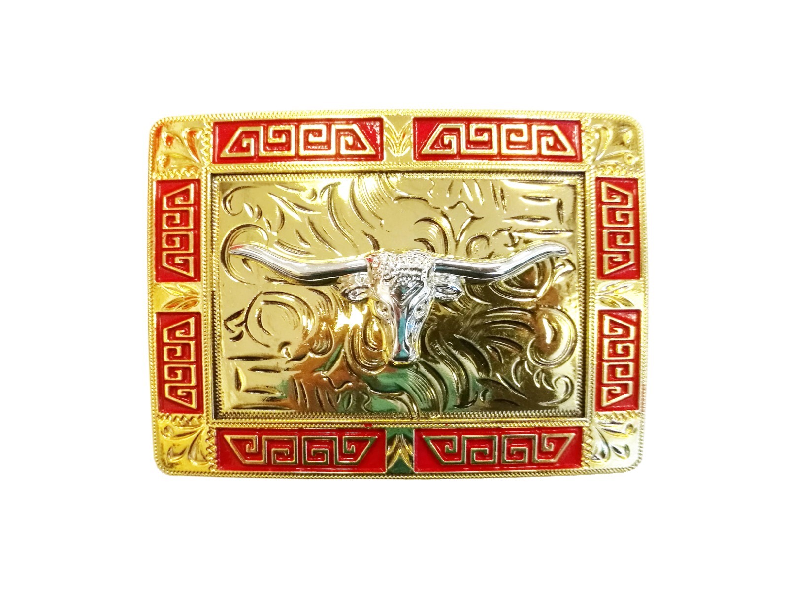 Western Buckle Gold Red Silver Longhorn Cowboy 2 »Buckle Hebilla Vaquero Toro