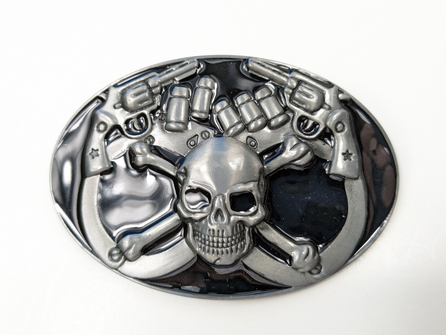 Biker Skull Pistol Revolver Gun Hand Cuffs Belt Buckle NEW Metal outlaw