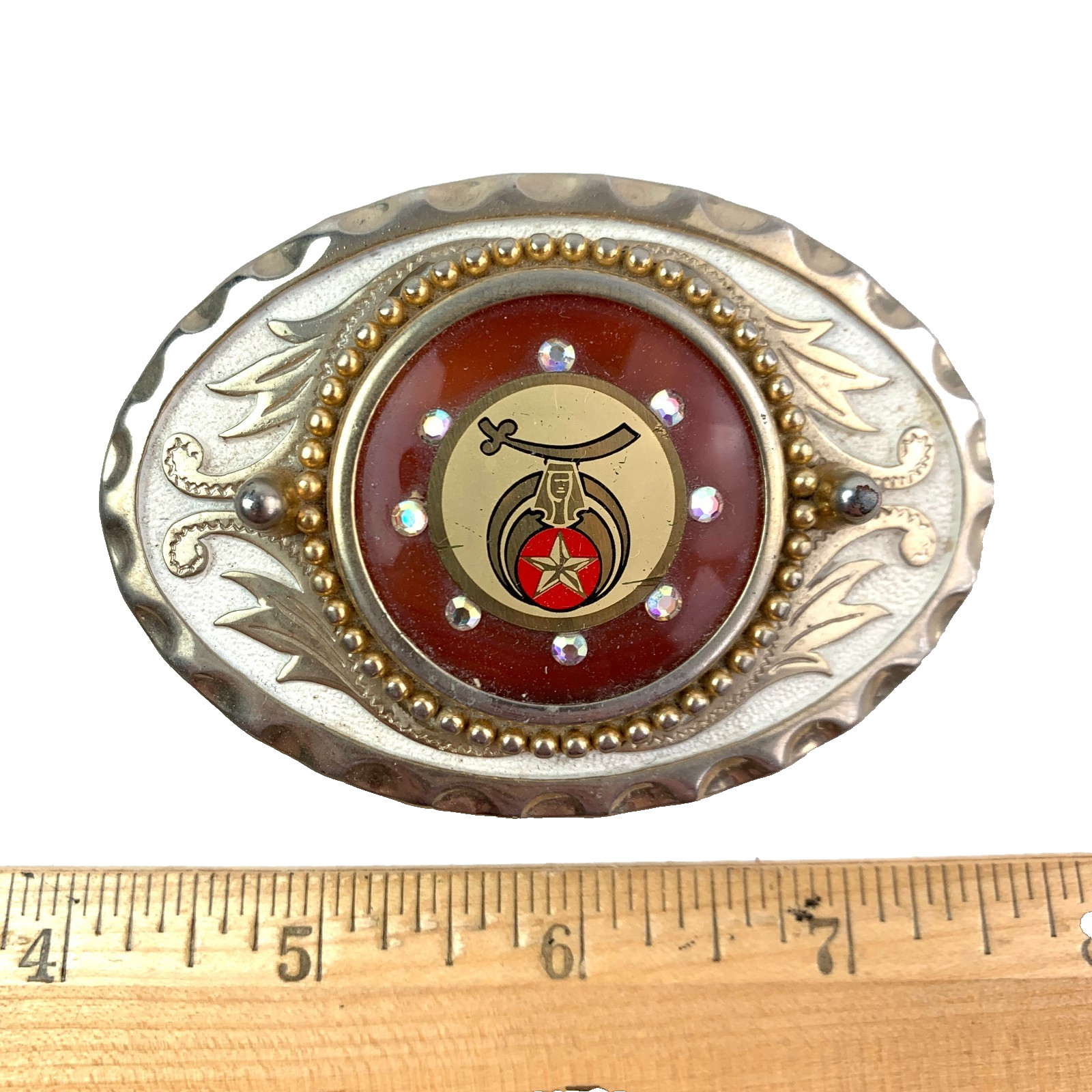 Vintage Masonic Shriners Orange Gold Tone Bling 3D Metal Belt Buckle