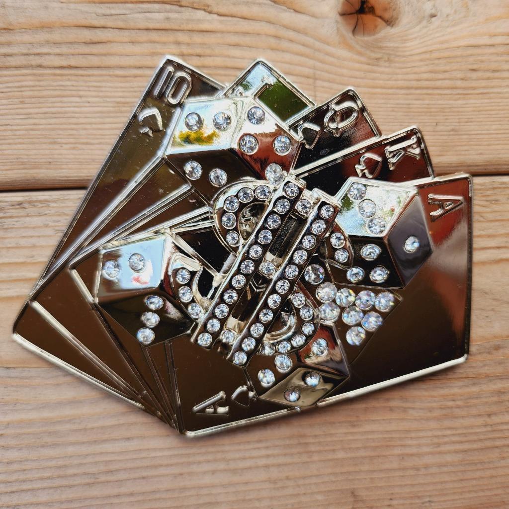 DOLLAR SIGN PLAYING CARD DICE RHINESTONE CASINO SILVER HIPHOP LUCKY BELT BUCKLE