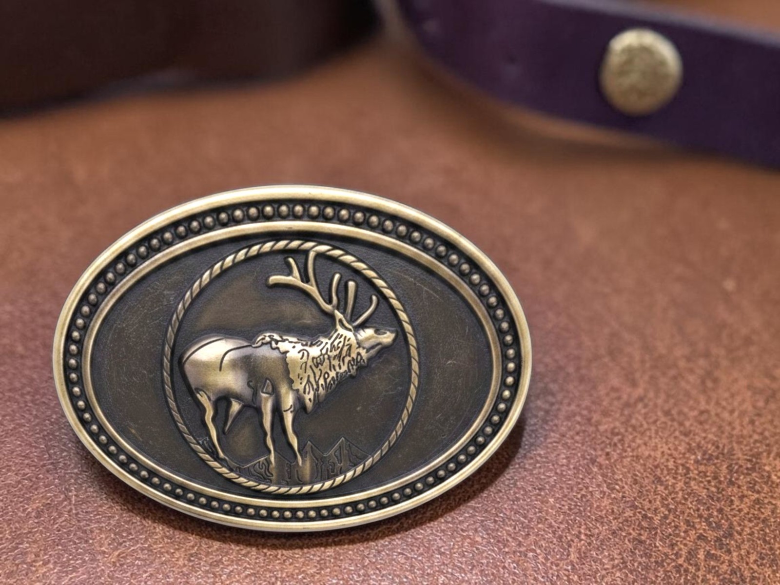Western Belt Buckle With Handmade Leather Strap| Elk Deer Design – Rodeo Buckle
