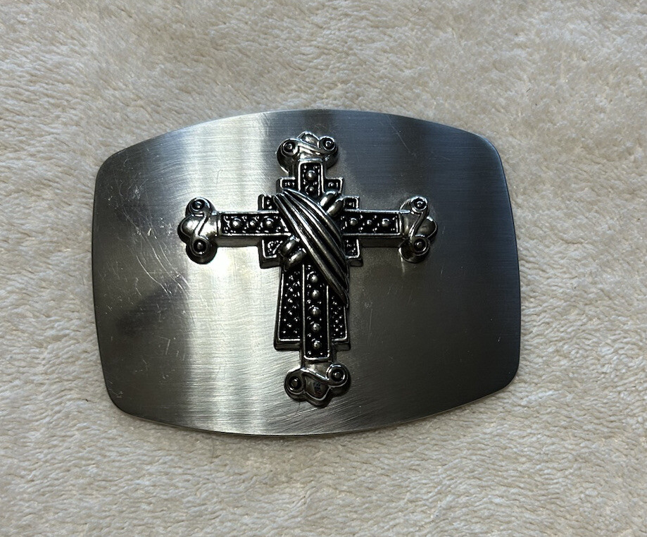 CLASSIC BELT BUCKLE DETAILED CROSS CRUSADES RELIGIOUS SYMBOL SILVER TONE