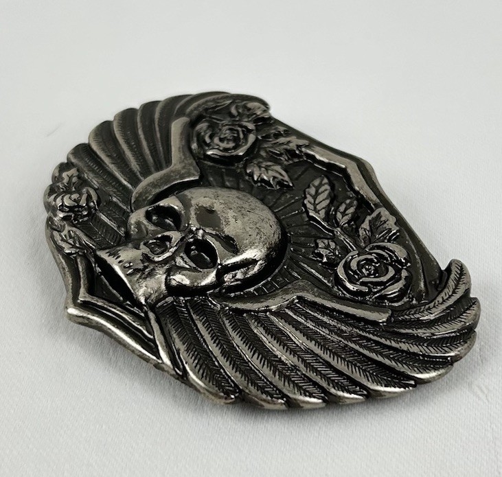 Belt Buckle – Skull With Wings and Roses. Biker Buckle to suit 1.5&Prime; (40mm) Belt