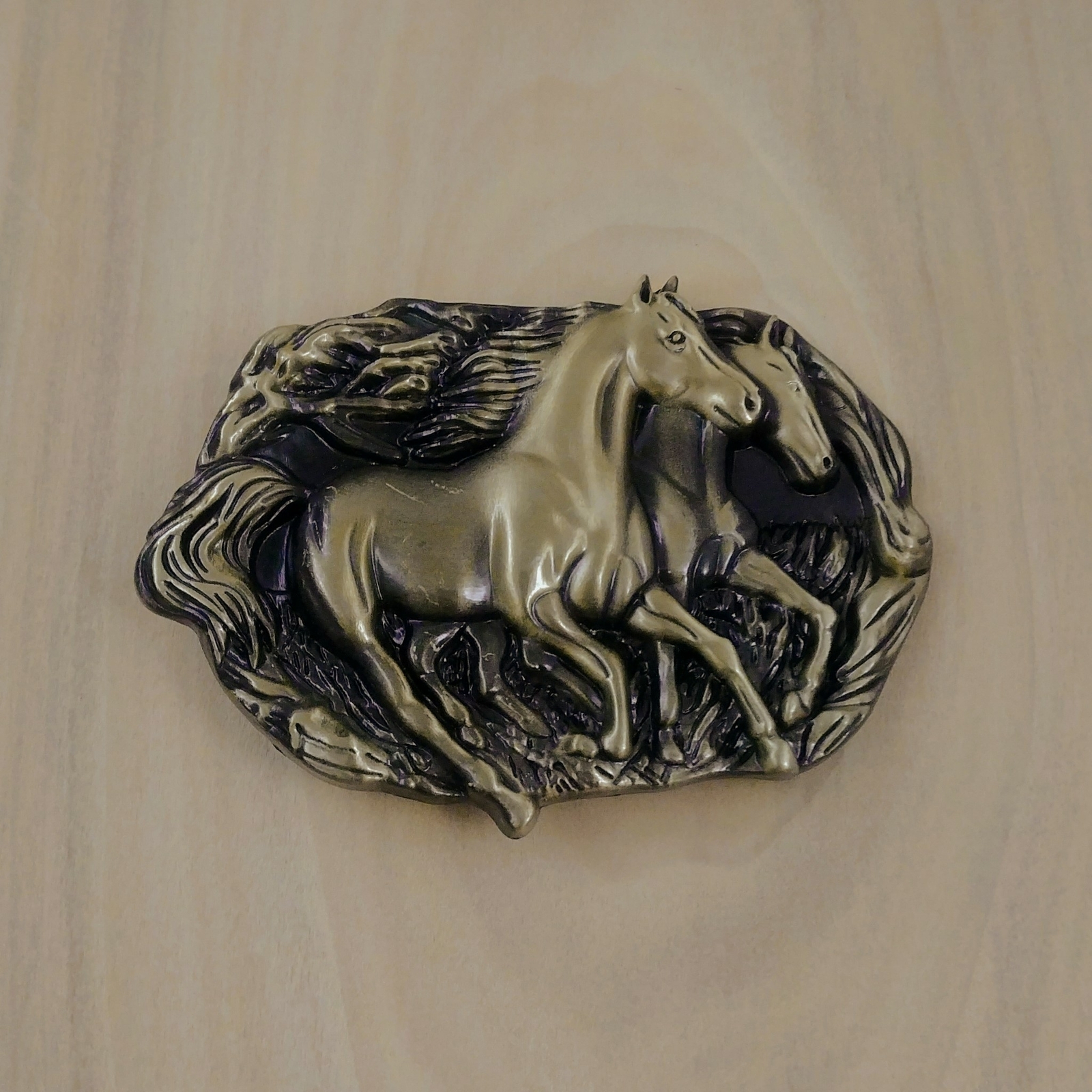 BRONZE TWO HORSES METAL BELT BUCKLE COWBOY & WESTERN ANIMAL HEBILLA #124