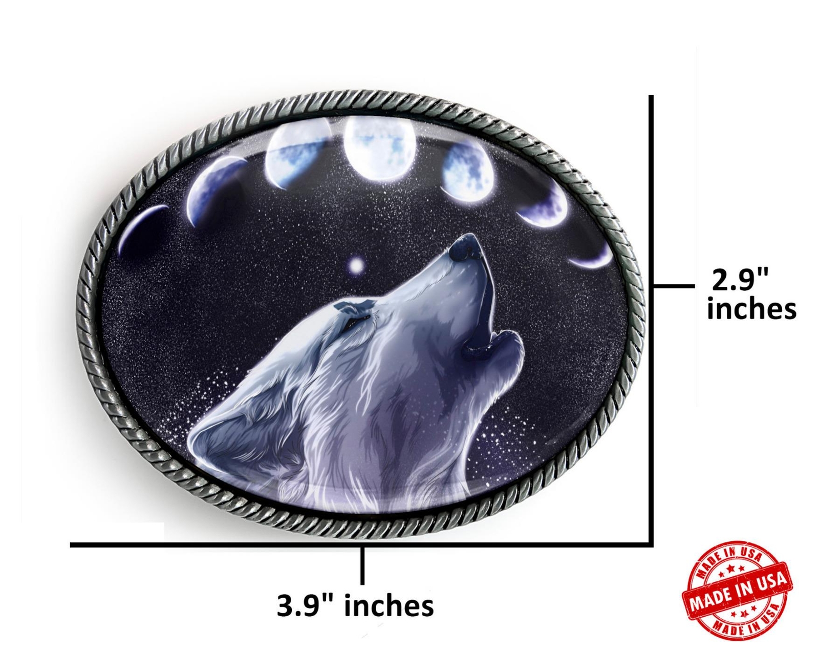 Wolf Belt Buckle – Full Moon Lunar Cycle Handmade Oval Buckle – 636-SO