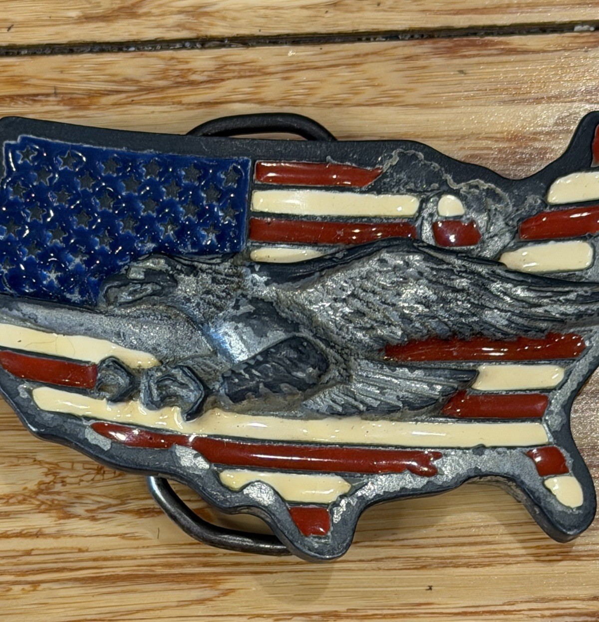 Eagle Over USA Flag Belt Buckle #1926 Enamel 1989 VTG 2×3” For 1.5” Belt 3-D