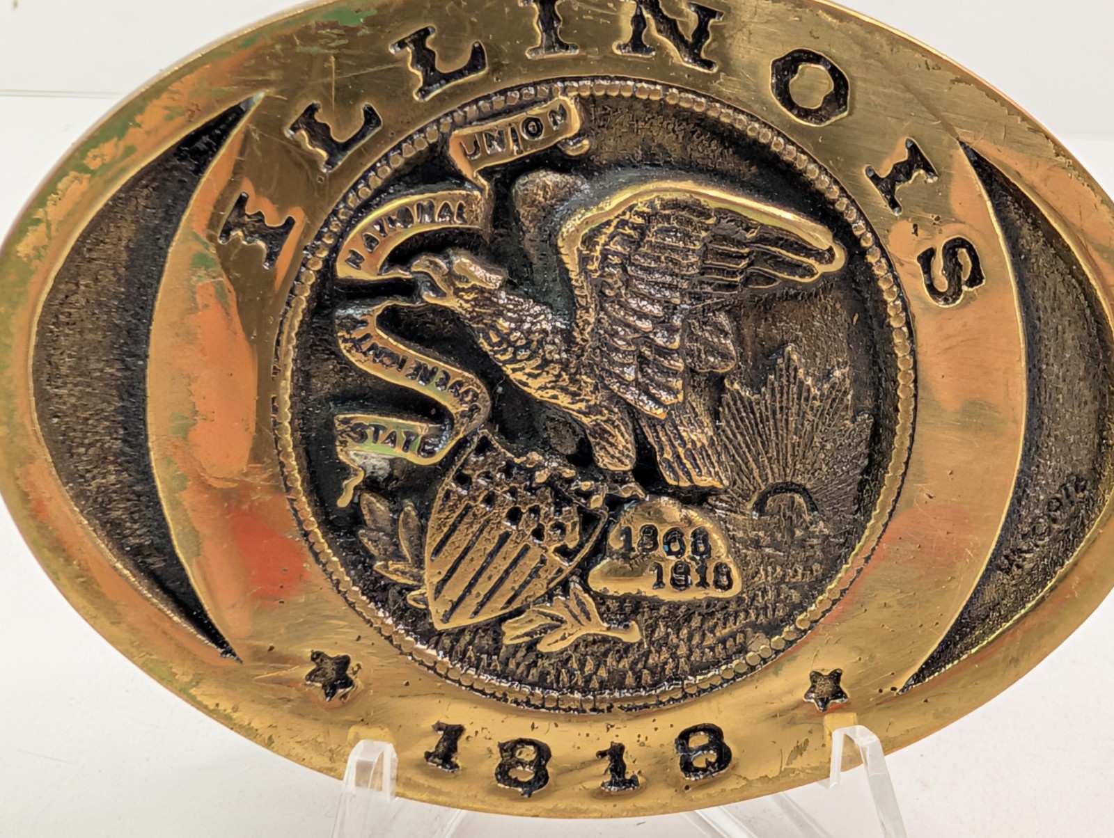Heritage Mint Illinois 1818 State Seal Gold Brass Belt Buckle 3.25&Prime; x 2.25&Prime; Vtg