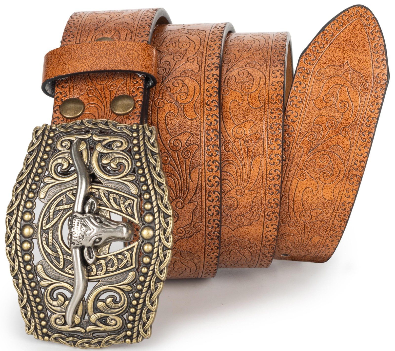 OVOY Men Women Vintage Cow-Head-Buckle For Waist 36-40 in, Brown