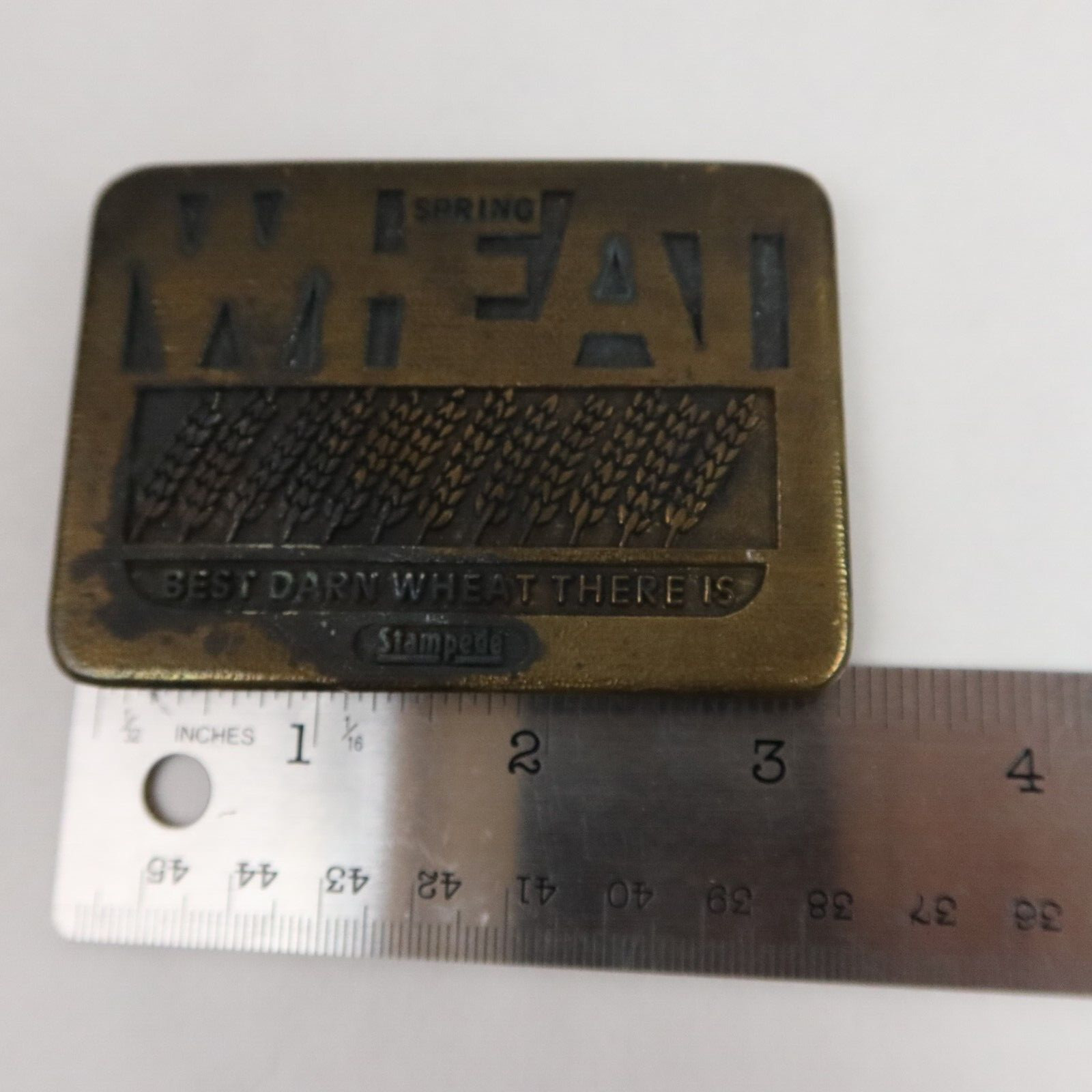 Vintage Stampede Spring Wheat Belt Buckle Farmer 70s Koleaco Rohm Haas Seed USA