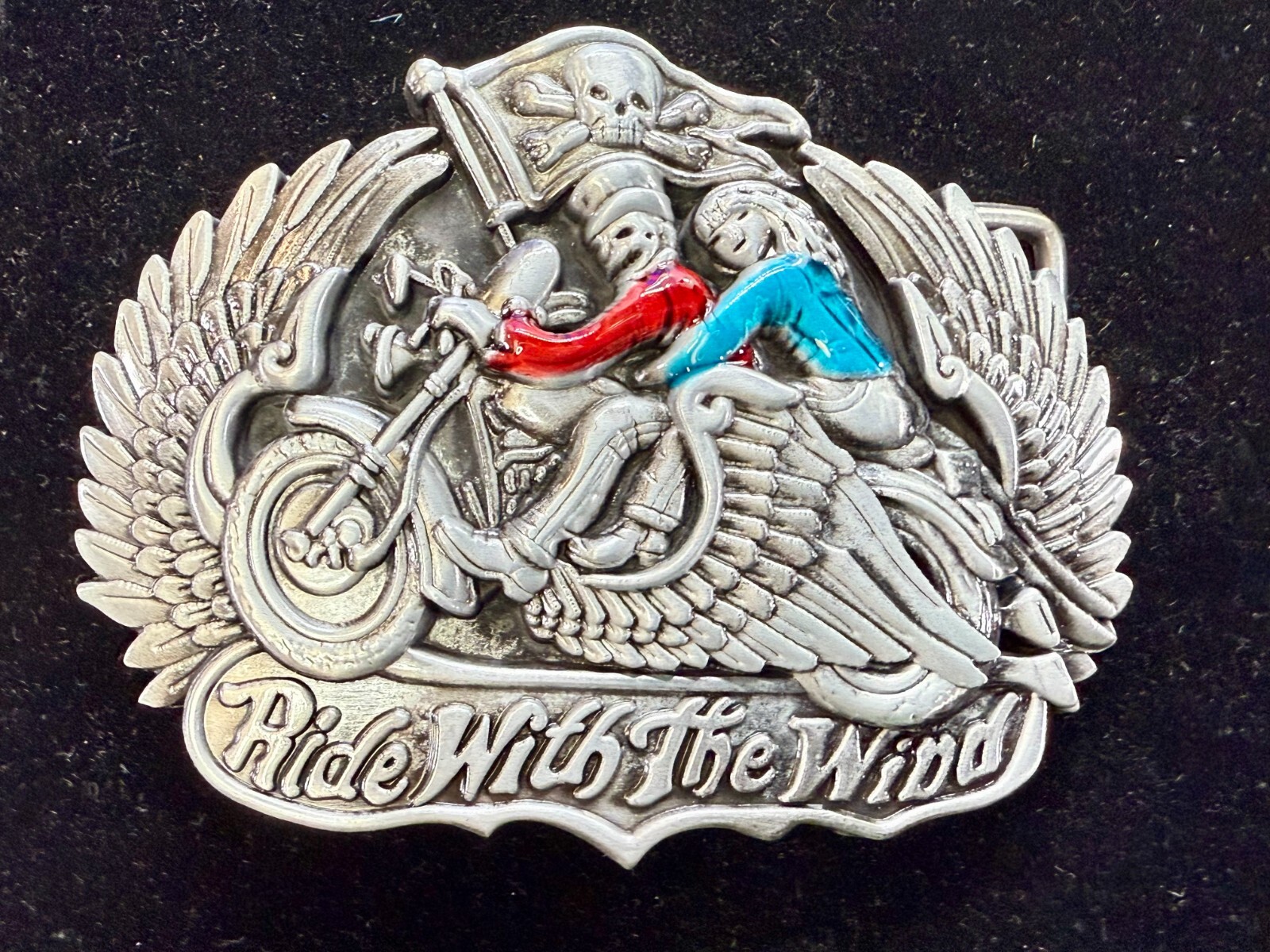 Ride With The Wind Wings Skull Flag Motorcycle Bikers Riders Cutout Belt Buckle