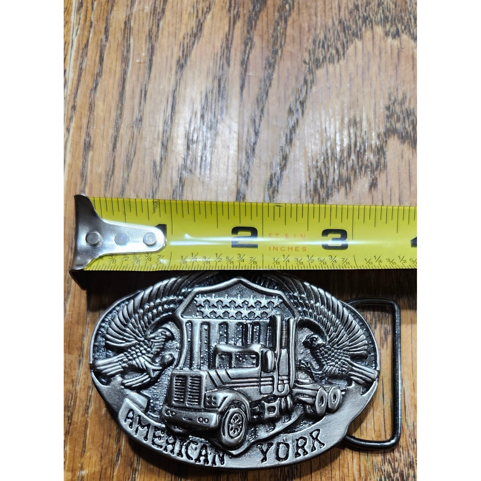 Vintage American York Semi Truck Belt Buckle Pewter Tone Eagle Big Rig Western