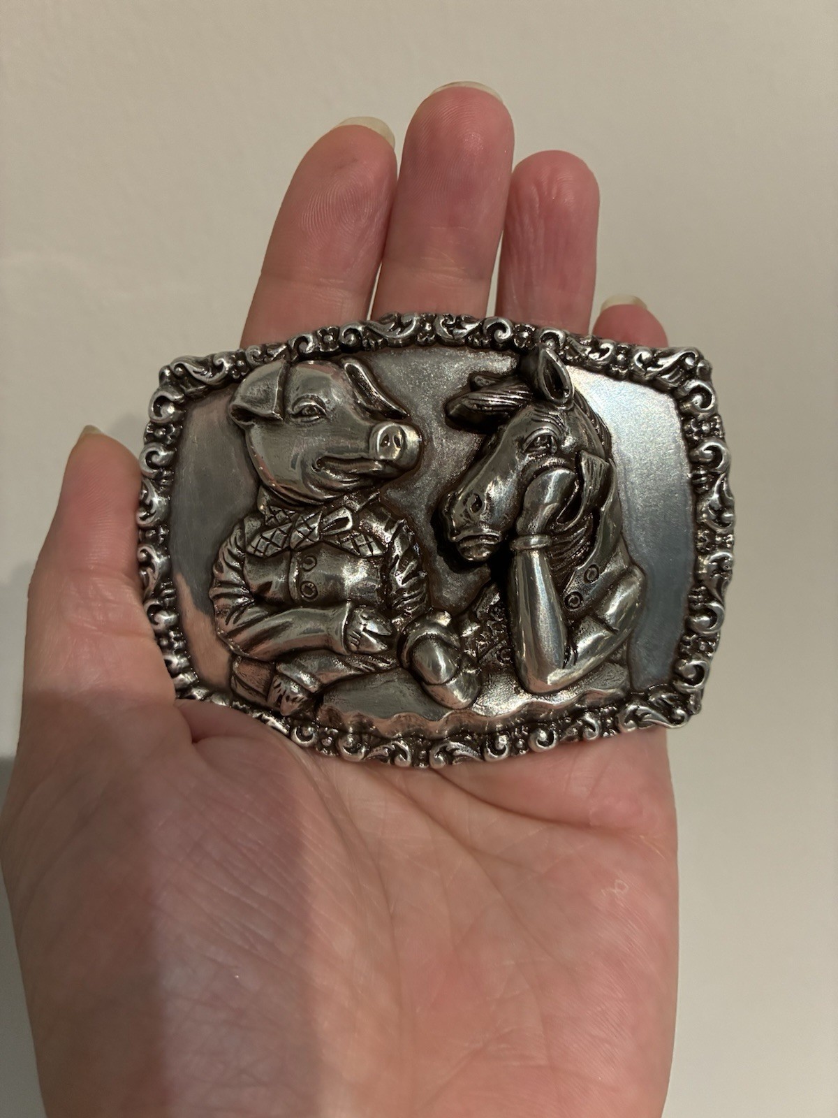 Pig and Horse Belt Buckle – Vintage Silver Finish