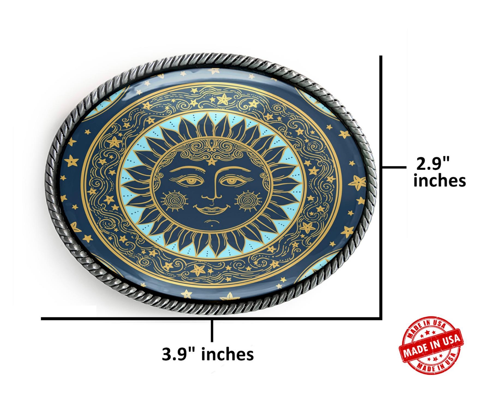 Boho Sun Belt Buckle – Ornate Bohemian Medallion Art Oval Buckle – 911