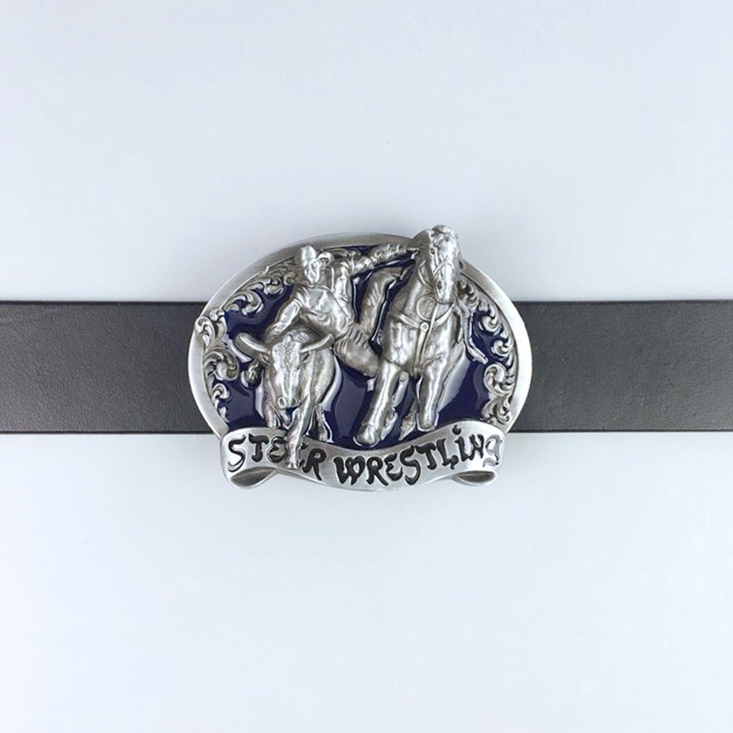 Blue Enamel Rodeo Steer Wrestling Western Belt Buckle Boucle de Ceinture