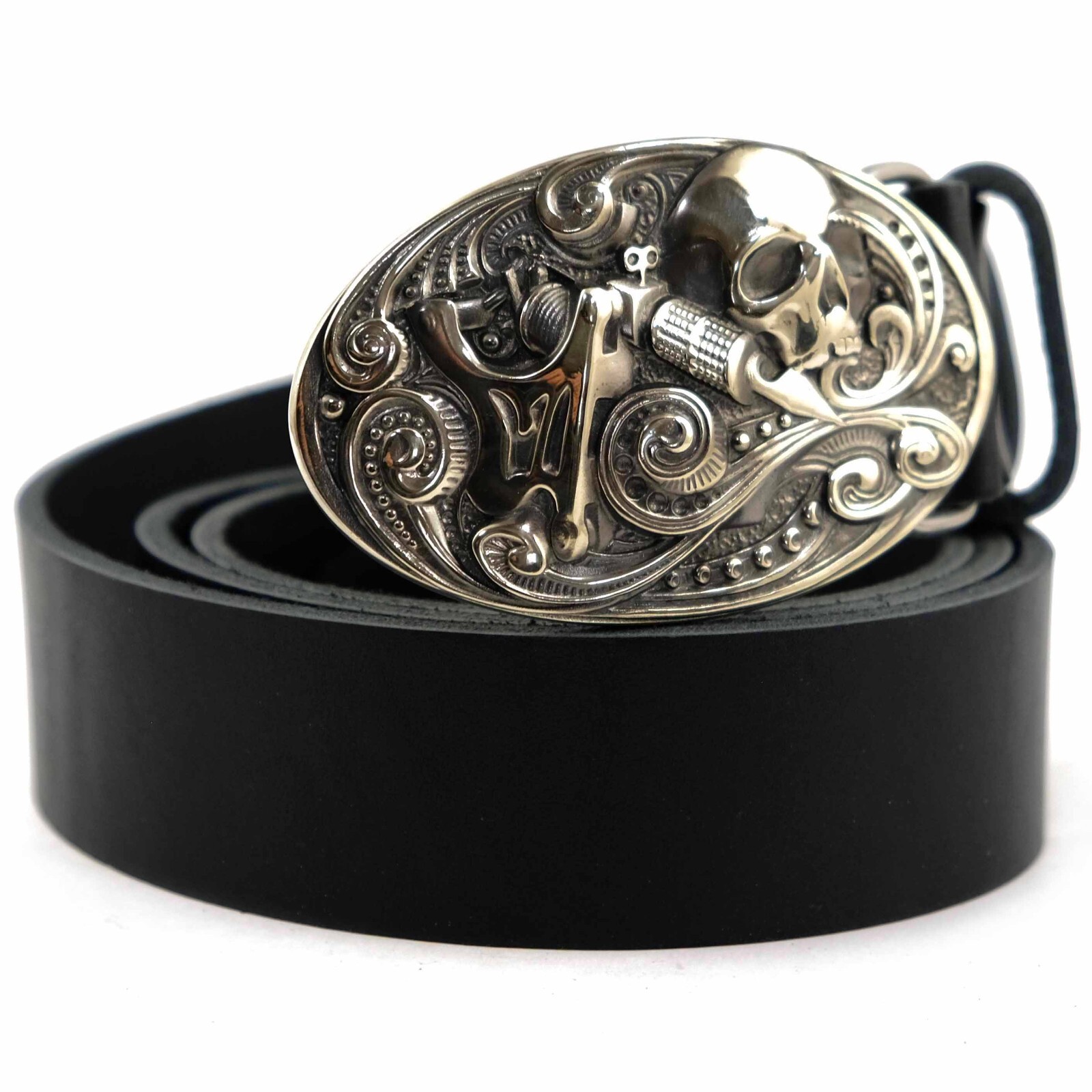 German silver belt buckle tattooist with skull, Tattoo machine, Skull buckle